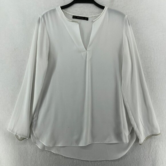 Zara Blouse Women's Sz M White Plain V-Neck High-Low Curved Hem Side Slit - Picture 1 of 12